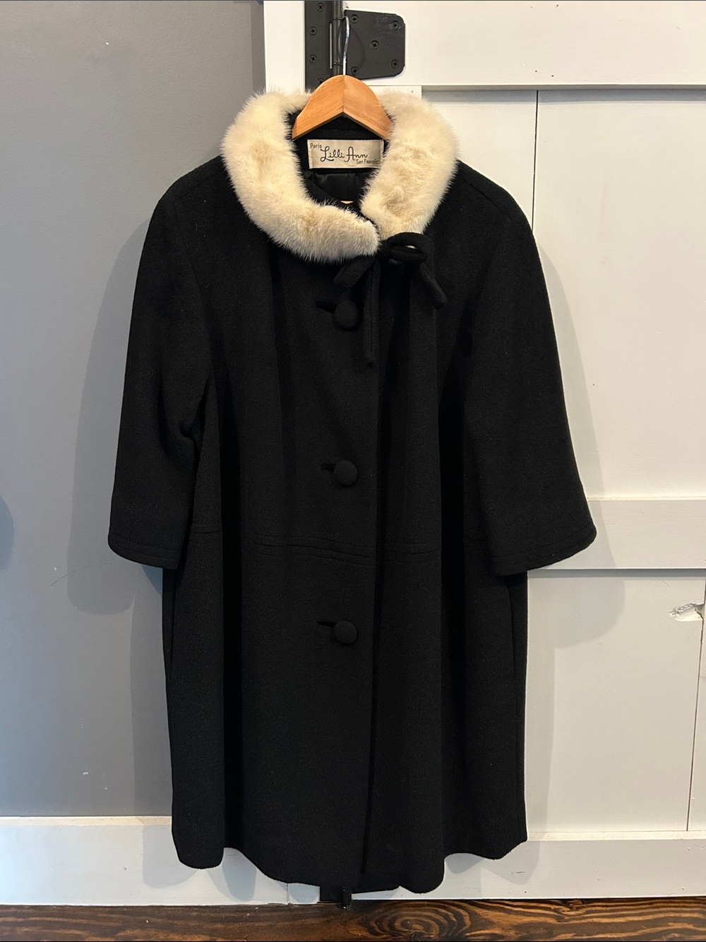 Lilli Ann Vintage 1950s Black Wool Pea Coat with Cream Fur Collar